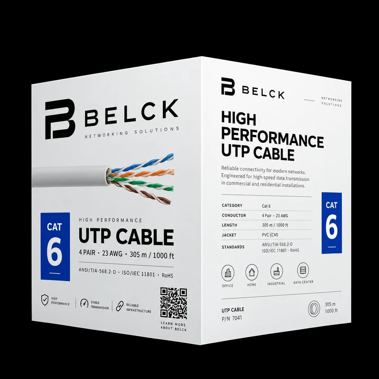 Propuesta visual de empaque blanco BELCK para cable UTP Cat 6